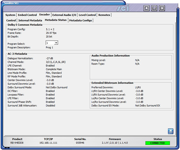 Sci image - RB-VHEDD8 Encoder Internal Metadata Status Screen